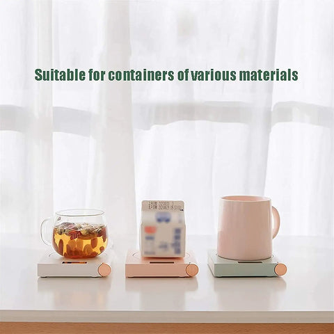 Electric Coffee Mug Warmer For Office Desk With Auto Shut Off Timer Keep Your Brew Piping Hot Straight Up Skip The Microwave Hassle Flat Bottom Cup Heater For Tea Coffee Milk And Quick Sips on a desk with a glass cup, carton, and mug.