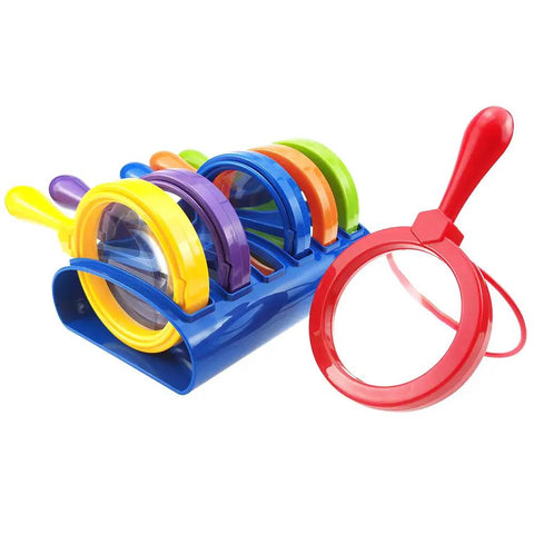 Kid Friendly Jumbo Magnifying Glass Set With Stand Six Pack For Ages Three Plus Easy Grip Primary Science Magnifiers in holder