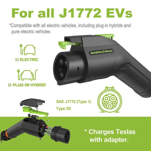 Level Two Ev Charger With 32 Amp 240 Volt Wallbox And 18 Foot Cord Sae J1772 Plug showing electric vehicle connector details.