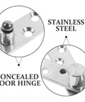 Close-up of Two Pairs Stainless Steel Pivot Hinges, 360 Degree Rotatable Concealed Door Hinges, highlighted details.