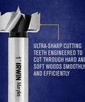 IRWIN Marples 1-inch Forstner drill bit, carbon-steel woodworking bit shown on blue background.