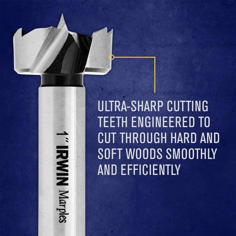 IRWIN Marples 1-inch Forstner drill bit, carbon-steel woodworking bit shown on blue background.