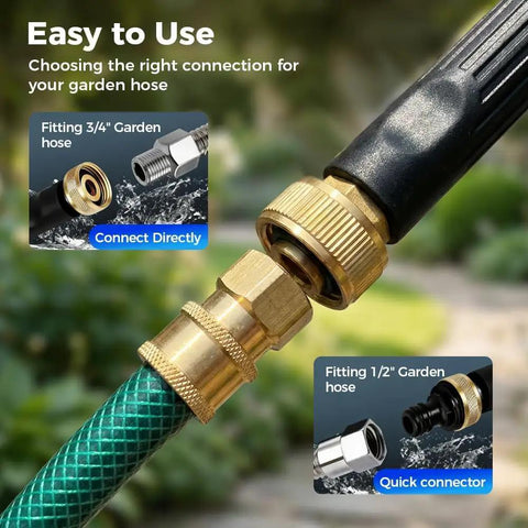 Power Washer Hose Nozzle Kit With 3 Interchangeable Sprayer Heads Adjustable Jet Cone And Fan Patterns Garden hose fitting detail