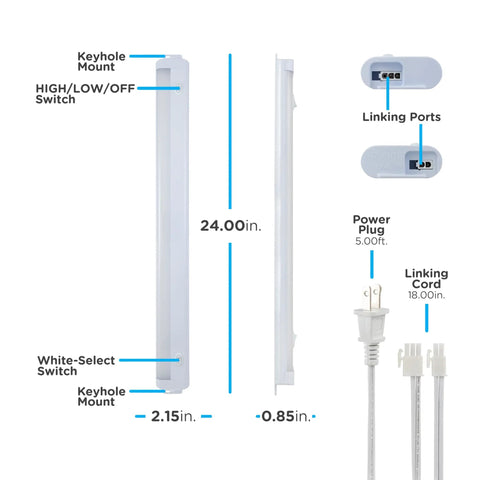 Diagram of 24 Inch Under Cabinet LED Light Fixture With Linkable Design Up To 40 Fixtures No Wiring Headache No Brainer Plug In Or Direct Wire 811 Lumens 3000K Soft White High Low Off Switch White, showing dimensions and connections.