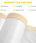 Pro Grade Pre-Taped Masking Film And Tape For Auto Painting And DIY Projects, showing durable PE film with features icons.