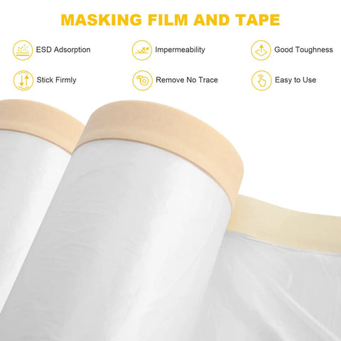 Pro Grade Pre-Taped Masking Film And Tape For Auto Painting And DIY Projects, showing durable PE film with features icons.