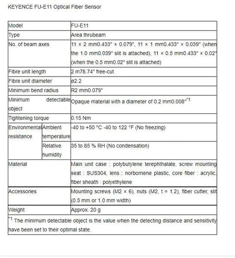 Technical specifications sheet for Keyence FU-E11 Optical Fiber Sensor with area thrubeam, 11 beam axes, 2.2 mm fiber diameter.