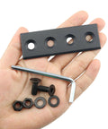 Barn Door Track Connector Sliding Door Hardware Black Carbon Steel Interior Adaptor For Connecting And Repairing Metal Joining Plate Fastener Track Splicing Piece Durable Heavy Duty Construction For Wood Metal Glass Doors set in hand showing plate and screws