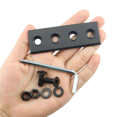 Barn Door Track Connector Sliding Door Hardware Black Carbon Steel Interior Adaptor For Connecting And Repairing Metal Joining Plate Fastener Track Splicing Piece Durable Heavy Duty Construction For Wood Metal Glass Doors set in hand showing plate and screws