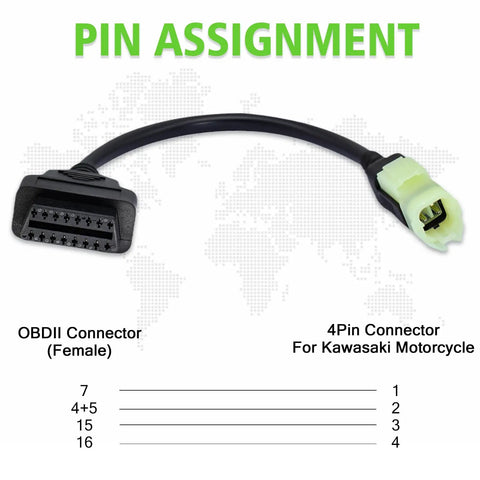 Kawasaki 4 Pin To 16 Pin OBD2 Diagnostic Cable For Motorcycles with pin assignment chart and connectors.