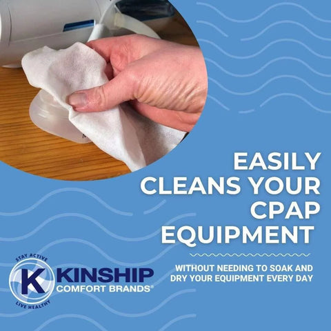 CPAP cleaning wipe held in hand; Kinship Comfort Brands unscented, lint-free wipes for CPAP equipment, 150-count.