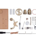 DIY Gamma-Shape Stirling Engine Kit With Generator And LED Lights, Bronze Retro Industrial Science Model For Adults, Hands-On Assembly Project With Realistic Engine Demonstration And Totally Nerdy Educational Fun., 6.30x2.36x2.93 in kit parts laid out