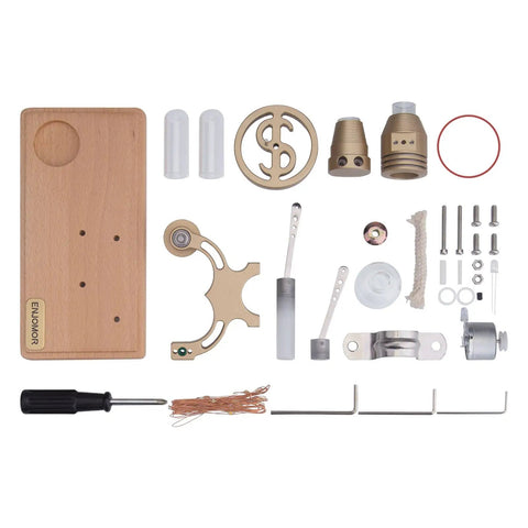 DIY Gamma-Shape Stirling Engine Kit With Generator And LED Lights, Bronze Retro Industrial Science Model For Adults, Hands-On Assembly Project With Realistic Engine Demonstration And Totally Nerdy Educational Fun., 6.30x2.36x2.93 in kit parts laid out