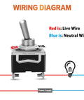 Wiring diagram for Rugged 8 Pack SPST Toggle Switches 2 Pin 20A 125V AC showing live and neutral wire connections.