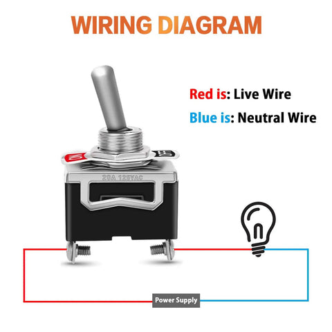 Wiring diagram for Rugged 8 Pack SPST Toggle Switches 2 Pin 20A 125V AC showing live and neutral wire connections.