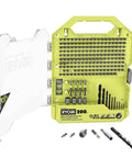 Front view of Ryobi 200-piece drill and impact drive set in lime-yellow case with assorted bits and driver accessories