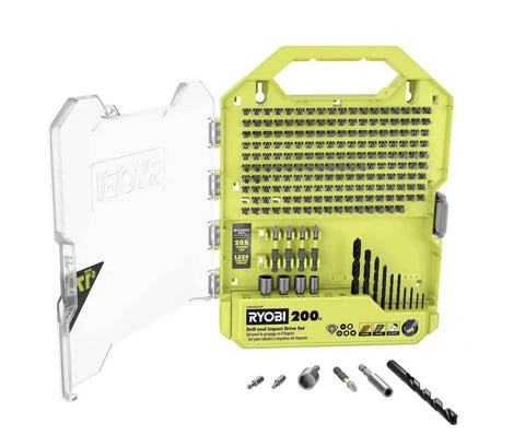 Front view of Ryobi 200-piece drill and impact drive set in lime-yellow case with assorted bits and driver accessories
