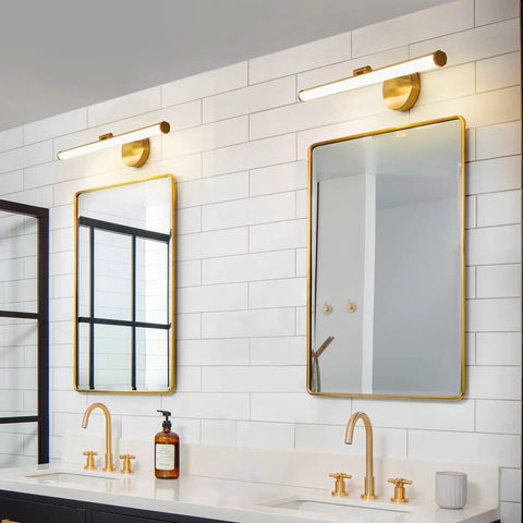 Gold Vanity Light Bar Over Mirror, 22 Inch LED Dimmable Fixture atop mirror in modern bathroom