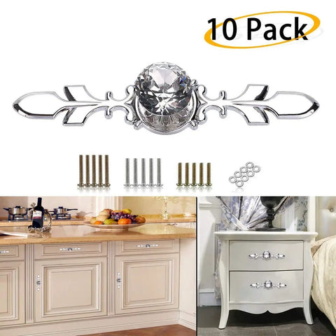Crystal Glass Diamond Cabinet Knobs With Plates And Screws, shown in a 10 pack with decorative hardware for kitchen and bathroom use.