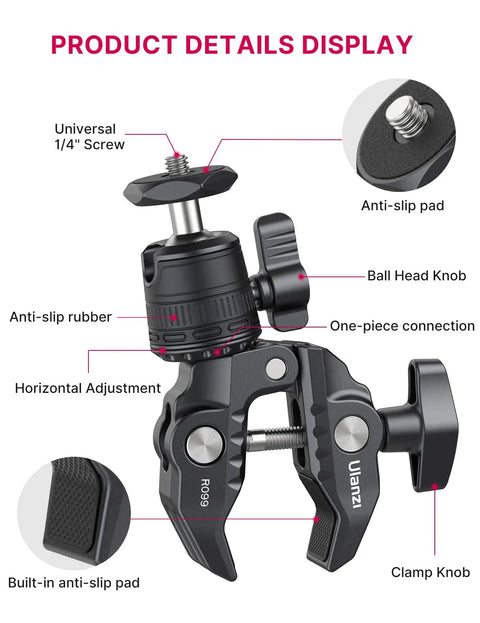Beefy Clamp Mount With 360 Degree Ball Head for Action Cameras and DSLRs showing adjustable clamp and universal 1/4" screw.