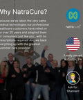 NatraCure promo banner with company logo, American flag, and team photo, highlighting customer care and family ownership in Easton, PA.