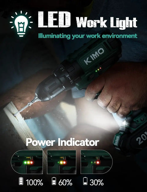 Two 20V 2.0Ah Batteries Cordless Drill Set With 350 In Lb Torque shown drilling into wood, featuring LED work light and power indicators