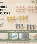 Six Hook Wall Rack Swivels 180 Degrees For Home Use No Hangups Peel Mount Shields Drywall While Securing Towels Keys Firmly Folds Flat To Fit Tight Corners And Save Space Bright Yellow Trim Adds A Cheerful Pop To Your Organization Setup in pink, yellow, and grey colors.
