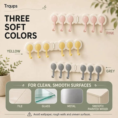 Six Hook Wall Rack Swivels 180 Degrees For Home Use No Hangups Peel Mount Shields Drywall While Securing Towels Keys Firmly Folds Flat To Fit Tight Corners And Save Space Bright Yellow Trim Adds A Cheerful Pop To Your Organization Setup in pink, yellow, and grey colors.