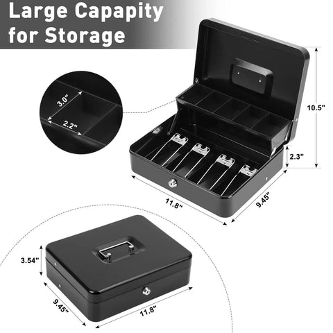 Locking Cash Box With Key Lock And Cash Tray Heavy Duty Steel Money Safe Box Portable Money Saving Organizer With Two Keys Large Black