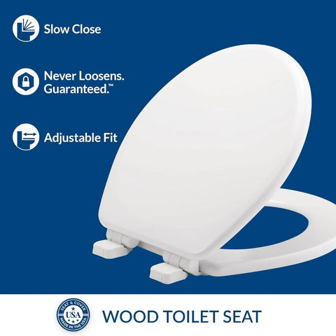 Quiet Slow Close Toilet Seat With No Slip Heavy Duty Wood, Easy Install, Round White, lid partially open with features listed