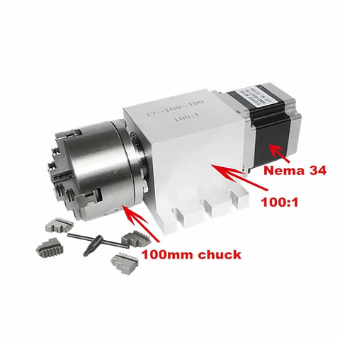 Proven 4th A Axis Rotary Dividing Head With Retarder And 86 Motor For CNC Router Machines with 100mm chuck and Nema 34 motor.