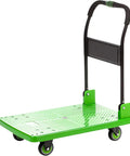 Heavy Duty Flatbed Hand Cart Featuring Slick Four Wheel Rollers And A Tough Foldable Frame For Hassle Free Hauling Of Furniture Tools Or Equipment Around The House Or Job Site in green color.