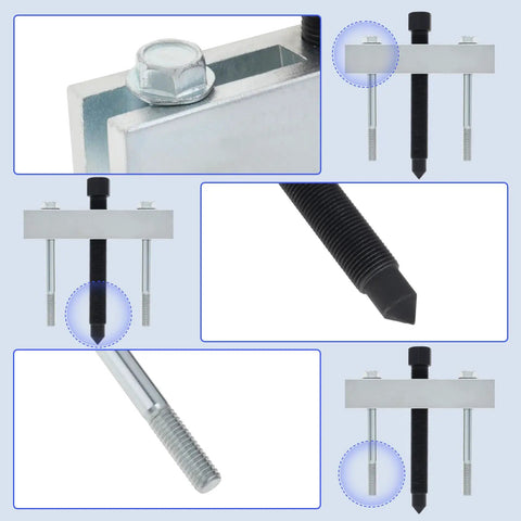 Close-up of metallic components and a threaded rod from Beefy Heavy Duty Bearing Splitter And Five Inch Gear Pulley Puller Set For Automotive And ATV Use