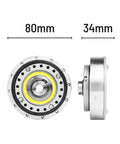 Beefy Torque SHF 17 I Strain Wave Gearbox, 80mm diameter, 34mm height, shown in front and side view with metal casing