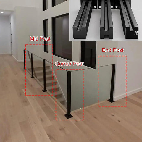 Boss Grade 304 Stainless Steel Railing Kit Square Mid Post For Glass Panels On Decks And Porches For Balconies Hella Rust Resistant Tough As Nails Easy Peasy Install 53 Inch with corner, end, and mid posts showcased.