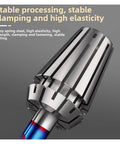 High Precision Spring Collet Chuck For CNC Milling Machine ER11 16 20 25 32 Sizes with alloy spring steel, showing tight grip and design.