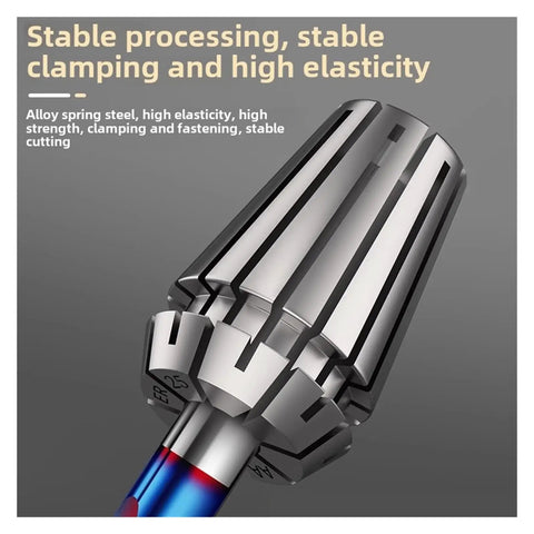 High Precision Spring Collet Chuck For CNC Milling Machine ER11 16 20 25 32 Sizes with alloy spring steel, showing tight grip and design.