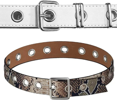Two belts featuring metal grommets, one white leather and one snake print, showcasing the All-In-One One-Eighth Inch Metal Grommets And Eyelets Kit.
