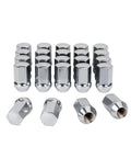 Chrome Lug Nuts 24 Pack For M14x1.5 Conical Seat OEM Style Replacement Kit arranged in rows, front and top view