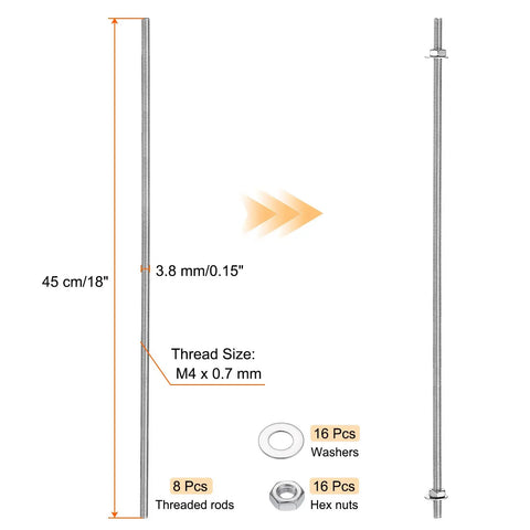 Eight Rock Solid M4 Threaded Rods 18 Inch Long With Hex Nuts And Washers Built Tough From 201 Stainless Steel image with specs.