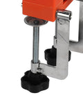 Close-up of Durable Home Vise Table Work Bench Clamp With Stainless Steel Body And Non Slip Abs Jaws, showing adjustable clamp mechanism.