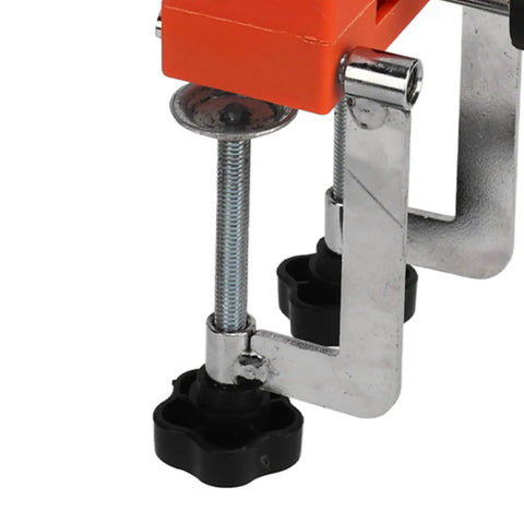 Close-up of Durable Home Vise Table Work Bench Clamp With Stainless Steel Body And Non Slip Abs Jaws, showing adjustable clamp mechanism.