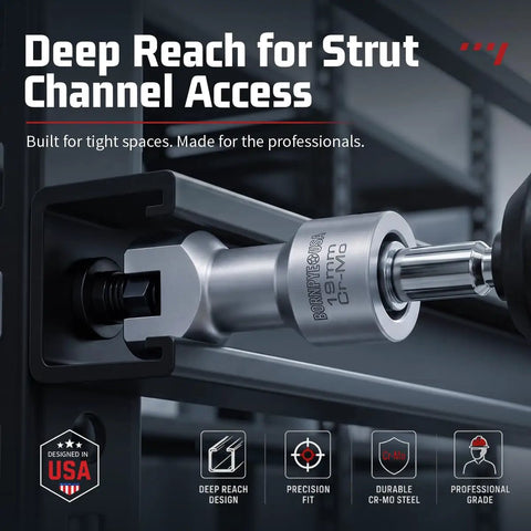 Heavy Duty Five Piece Strut Channel Socket Set For One Half Inch Drive With Quick Change Adapter in tight channel access.