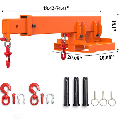 Heavy Duty Forklift Jib Boom Crane Attachment With No Fuss Tool Free Setup And Rock Solid Steel Build For Swift Rigging Up To 5511 Pounds Load Capacity featuring dual hooks and adjustable boom.