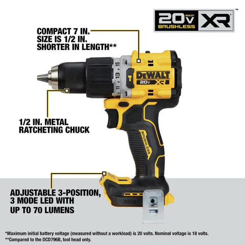 Premium 20V MAX XR Brushless 2 Tool Combo Kit Packing Serious Cordless Punch For Heavy Duty Drilling And Precision Cutting - Compact 7 in. drill with 1/2 in. metal chuck.