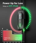 Portable Level 1 And Level 2 EV Charger with 240V 16A Output, showing off-peak charging display and timer graph for cost efficiency.