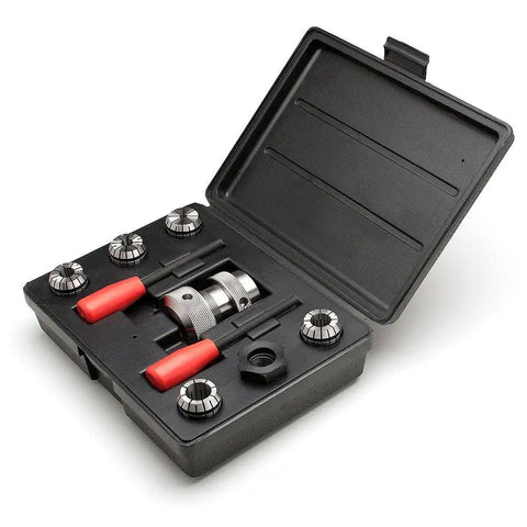 Crush Complex Turns On Your Lathe With This Badass ER32 Collet Chuck Kit featuring precision jaws and chuck body in a black case.