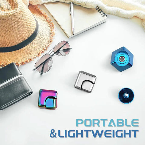 Portable Multimode Fidget Cube Spinner 2 In 1 Gyro Metal Desk Gadget for focus and relaxation on a white surface with accessories.