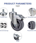 Beefy Heavy Duty PU Caster Wheels with Brakes for Workbenches and Carts showing components and 360 degree swivel castors
