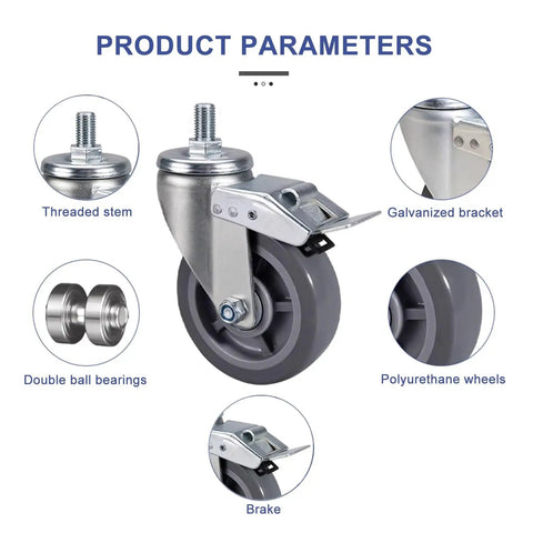 Beefy Heavy Duty PU Caster Wheels with Brakes for Workbenches and Carts showing components and 360 degree swivel castors